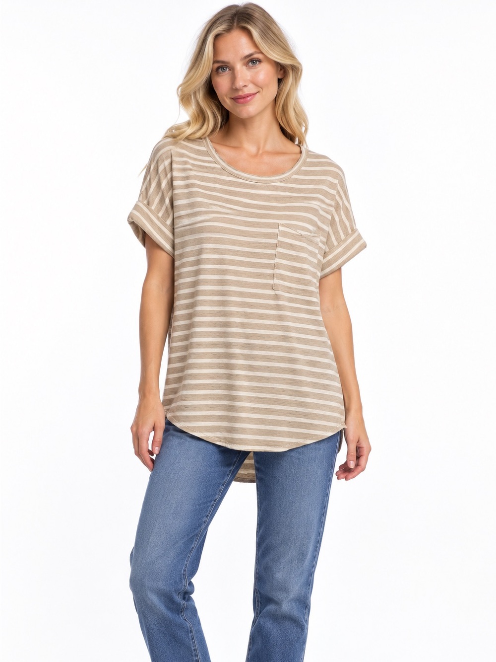 Umgee Size Small Striped Pocket Tee - Beige Stripe Round Hem
